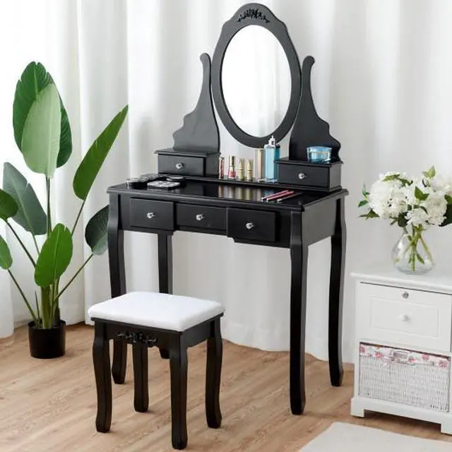 Alt view image 2 of 3 - SlickBlue Wooden Vanity Set with 360Â° Rotating Oval Mirror and Cushioned Stool