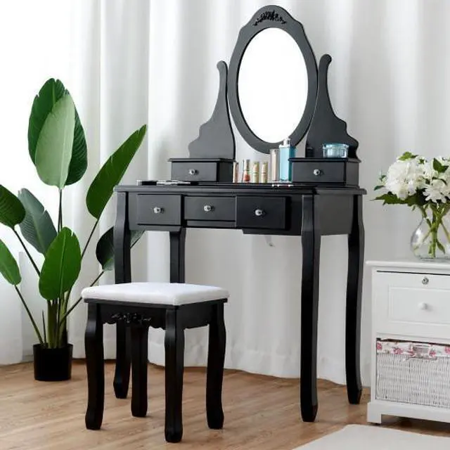 Alt view image 3 of 3 - SlickBlue Wooden Vanity Set with 360Â° Rotating Oval Mirror and Cushioned Stool
