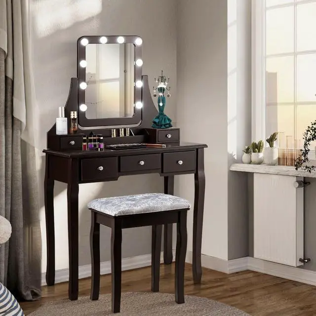 Alt view image 3 of 7 - SlickBlue Vanity Dressing Table Set with 10 Dimmable Bulbs and Cushioned Stool