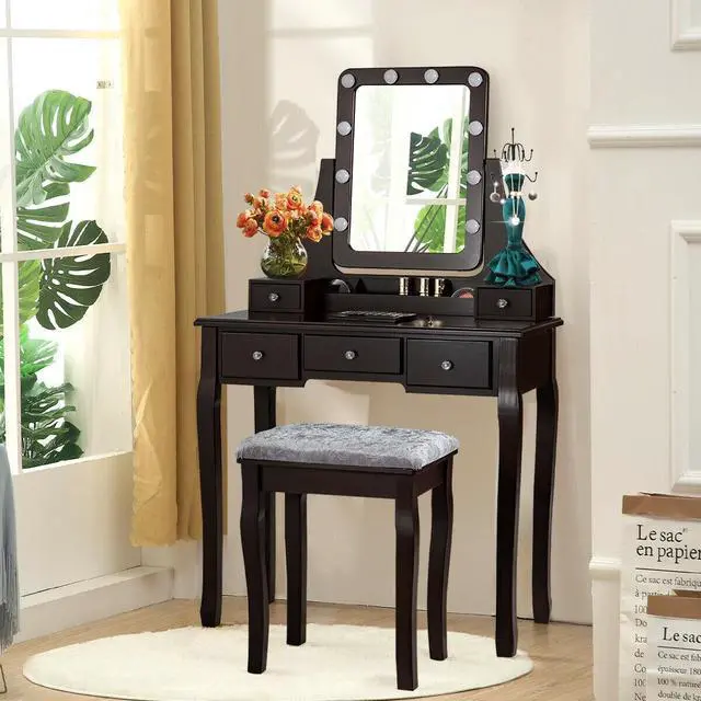 Alt view image 4 of 7 - SlickBlue Vanity Dressing Table Set with 10 Dimmable Bulbs and Cushioned Stool