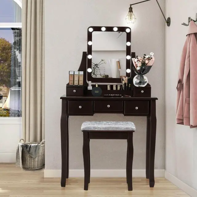Alt view image 6 of 7 - SlickBlue Vanity Dressing Table Set with 10 Dimmable Bulbs and Cushioned Stool