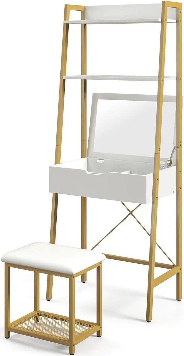 Alt view image 2 of 7 - SlickBlue Ladder Vanity Desk Set with Flip Top Mirror and Cushioned Stool