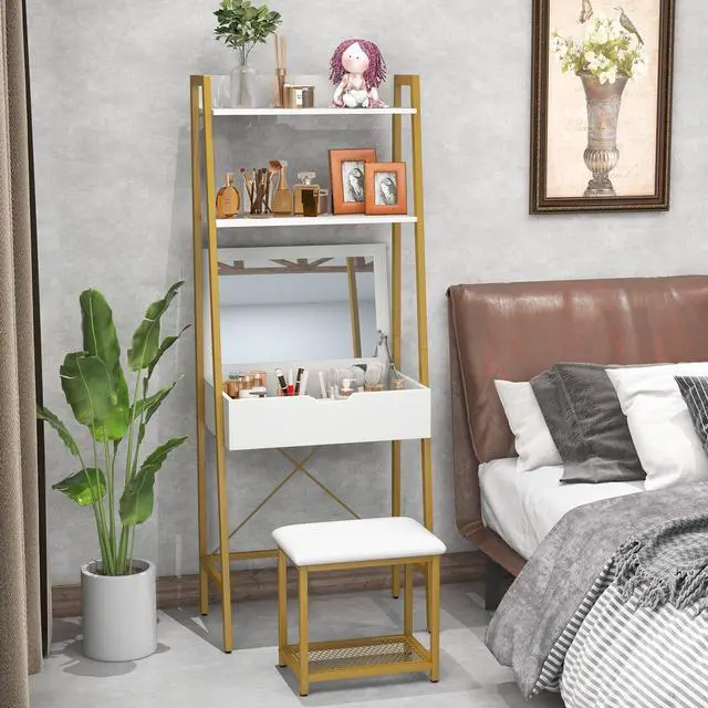 Alt view image 3 of 7 - SlickBlue Ladder Vanity Desk Set with Flip Top Mirror and Cushioned Stool