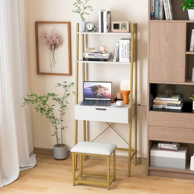 Alt view image 4 of 7 - SlickBlue Ladder Vanity Desk Set with Flip Top Mirror and Cushioned Stool