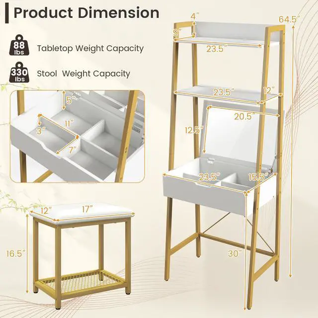 Alt view image 5 of 7 - SlickBlue Ladder Vanity Desk Set with Flip Top Mirror and Cushioned Stool