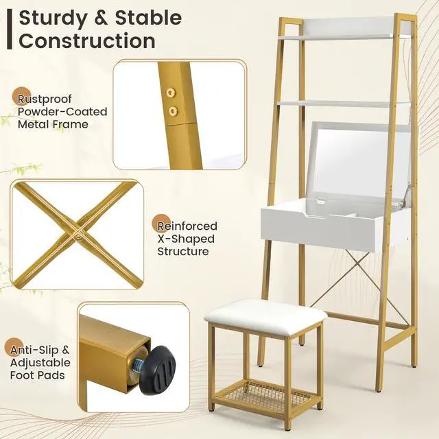 Alt view image 6 of 7 - SlickBlue Ladder Vanity Desk Set with Flip Top Mirror and Cushioned Stool