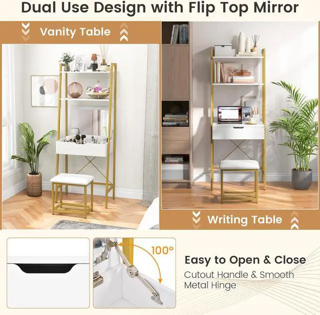 Alt view image 7 of 7 - SlickBlue Ladder Vanity Desk Set with Flip Top Mirror and Cushioned Stool