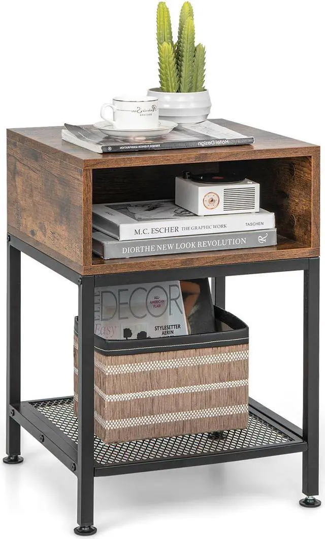 Main image of SlickBlue Industrial Nightstand End Side Table with Mesh Shelf