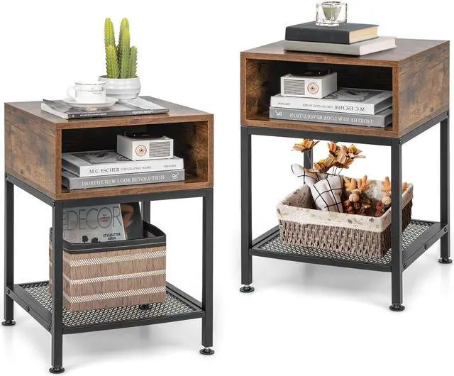 Alt view image 2 of 7 - SlickBlue Industrial Nightstand End Side Table with Mesh Shelf
