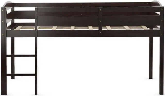 Alt view image 2 of 7 - SlickBlue Wooden Twin Low Loft Bunk Bed with Guard Rail and Ladder-Dark Brown