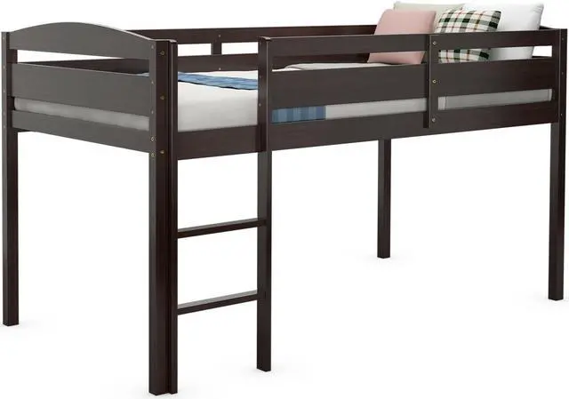 Main image of SlickBlue Wooden Twin Low Loft Bunk Bed with Guard Rail and Ladder-Dark Brown