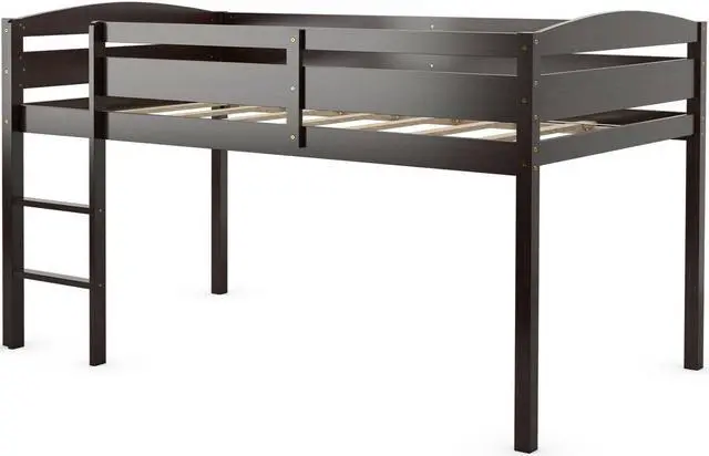 Alt view image 7 of 7 - SlickBlue Wooden Twin Low Loft Bunk Bed with Guard Rail and Ladder-Dark Brown