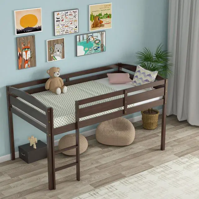 Alt view image 6 of 7 - SlickBlue Wooden Twin Low Loft Bunk Bed with Guard Rail and Ladder-Dark Brown