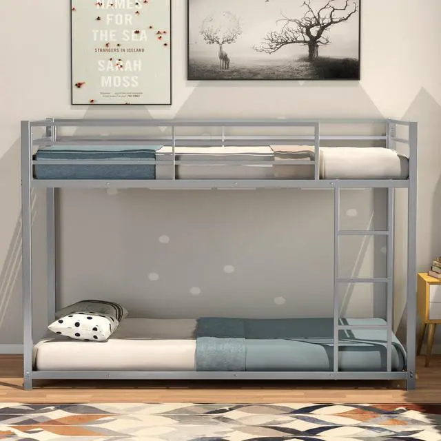 Alt view image 3 of 7 - SlickBlue Sturdy Metal Bunk Bed Frame Twin Over Twin with Safety Guard Rails and Side Ladder