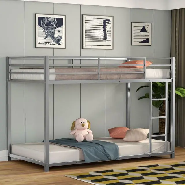 Alt view image 4 of 7 - SlickBlue Sturdy Metal Bunk Bed Frame Twin Over Twin with Safety Guard Rails and Side Ladder