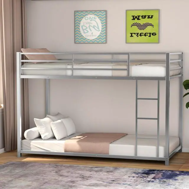 Alt view image 6 of 7 - SlickBlue Sturdy Metal Bunk Bed Frame Twin Over Twin with Safety Guard Rails and Side Ladder