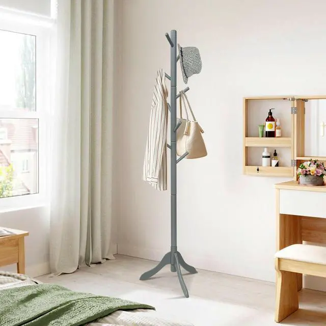 Alt view image 2 of 7 - SlickBlue Adjustable Wooden Tree Coat Rack with 8 Hooks-Gray
