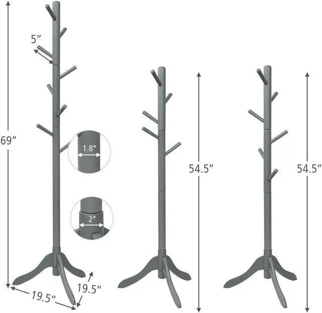 Alt view image 4 of 7 - SlickBlue Adjustable Wooden Tree Coat Rack with 8 Hooks-Gray