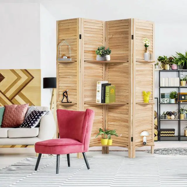 Alt view image 6 of 7 - SlickBlue 4 Panel Folding Room Divider Screen with 3 Display Shelves