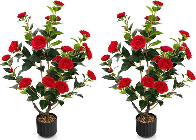 Main image of SlickBlue 38 Inch Artificial Camellia Tree Faux Flower Plant in Cement Pot 2 Pack
