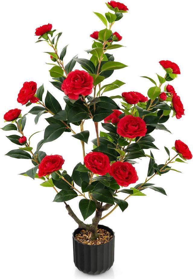 Alt view image 3 of 7 - SlickBlue 38 Inch Artificial Camellia Tree Faux Flower Plant in Cement Pot 2 Pack