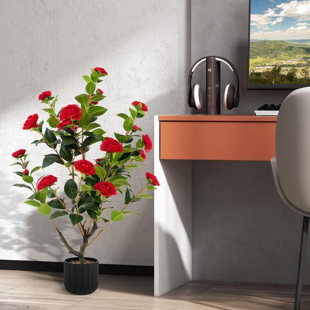 Alt view image 6 of 7 - SlickBlue 38 Inch Artificial Camellia Tree Faux Flower Plant in Cement Pot 2 Pack
