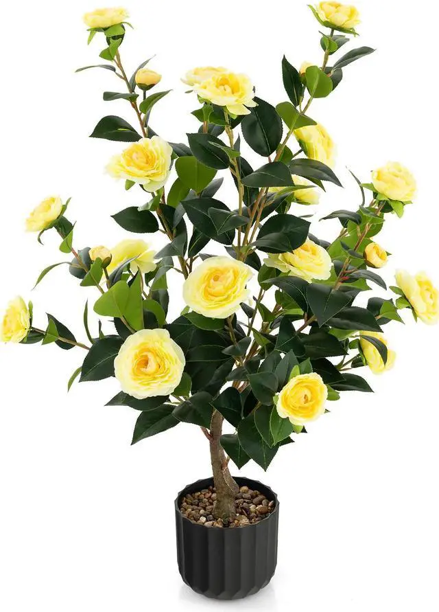 Main image of SlickBlue 38 Inch Artificial Camellia Tree Faux Flower Plant in Cement Pot-Yellow