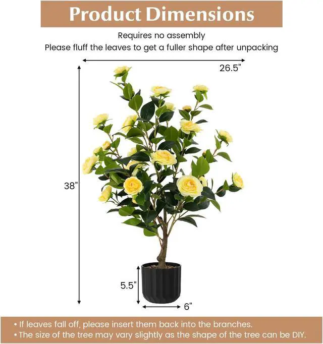 Alt view image 3 of 7 - SlickBlue 38 Inch Artificial Camellia Tree Faux Flower Plant in Cement Pot-Yellow