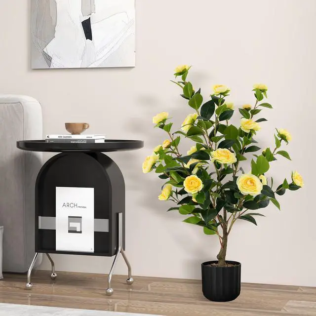 Alt view image 4 of 7 - SlickBlue 38 Inch Artificial Camellia Tree Faux Flower Plant in Cement Pot-Yellow