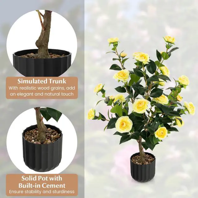 Alt view image 6 of 7 - SlickBlue 38 Inch Artificial Camellia Tree Faux Flower Plant in Cement Pot-Yellow