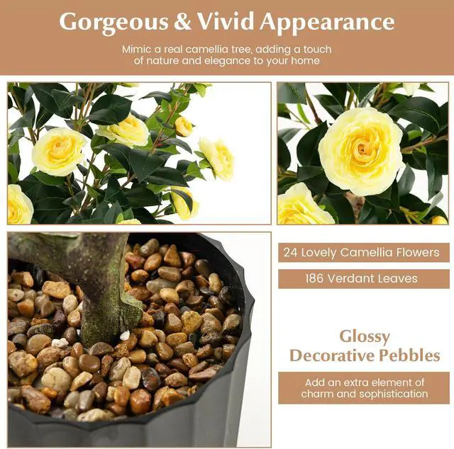 Alt view image 7 of 7 - SlickBlue 38 Inch Artificial Camellia Tree Faux Flower Plant in Cement Pot-Yellow