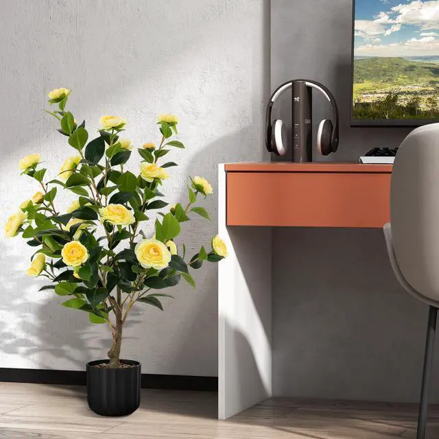 Alt view image 5 of 7 - SlickBlue 38 Inch Artificial Camellia Tree Faux Flower Plant in Cement Pot-Yellow