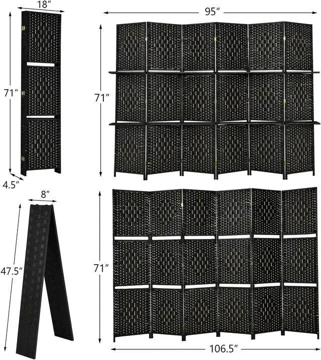 Alt view image 2 of 7 - SlickBlue 6 Panel Folding Weave Fiber Room Divider with 2 Display Shelves