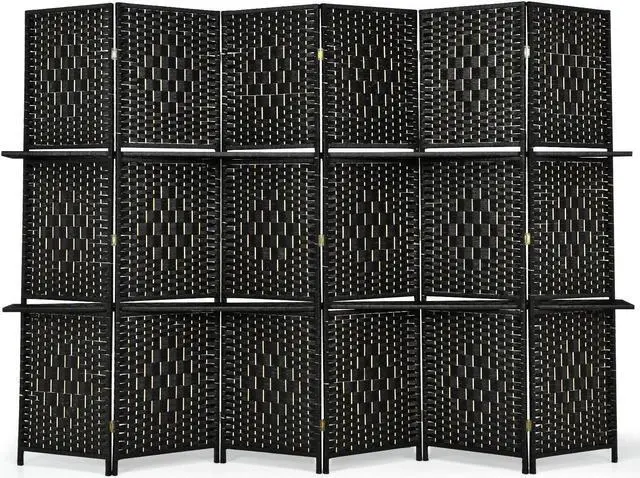 Main image of SlickBlue 6 Panel Folding Weave Fiber Room Divider with 2 Display Shelves