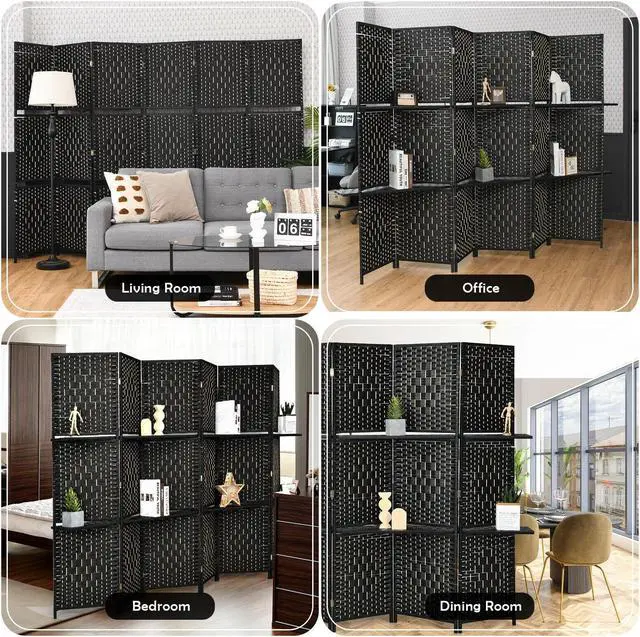 Alt view image 3 of 7 - SlickBlue 6 Panel Folding Weave Fiber Room Divider with 2 Display Shelves