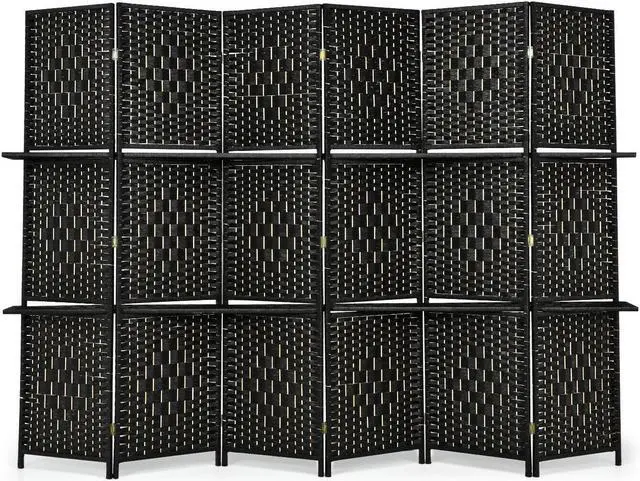 Alt view image 6 of 7 - SlickBlue 6 Panel Folding Weave Fiber Room Divider with 2 Display Shelves