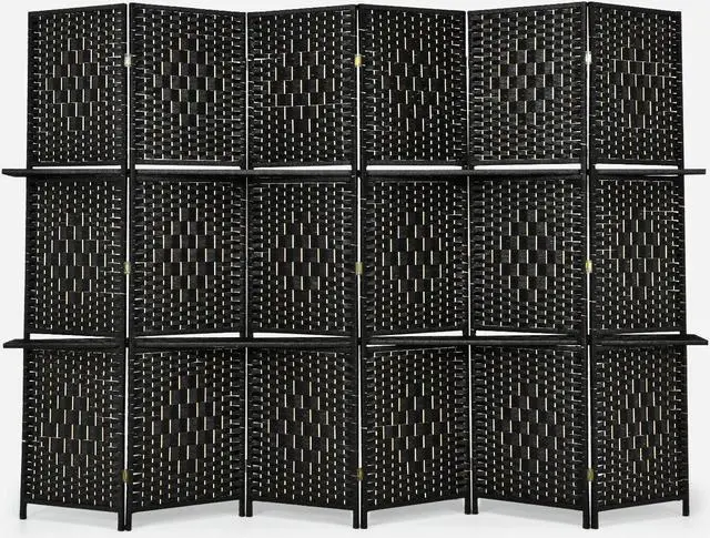 Alt view image 7 of 7 - SlickBlue 6 Panel Folding Weave Fiber Room Divider with 2 Display Shelves