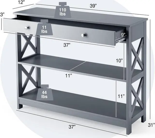 Alt view image 3 of 7 - SlickBlue Console Table 3-Tier with Drawer and Storage Shelves