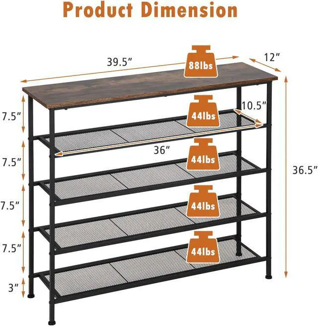 Alt view image 5 of 7 - SlickBlue Industrial Adjustable 5-Tier Metal Shoe Rack with 4 Shelves for 16-20 Pairs
