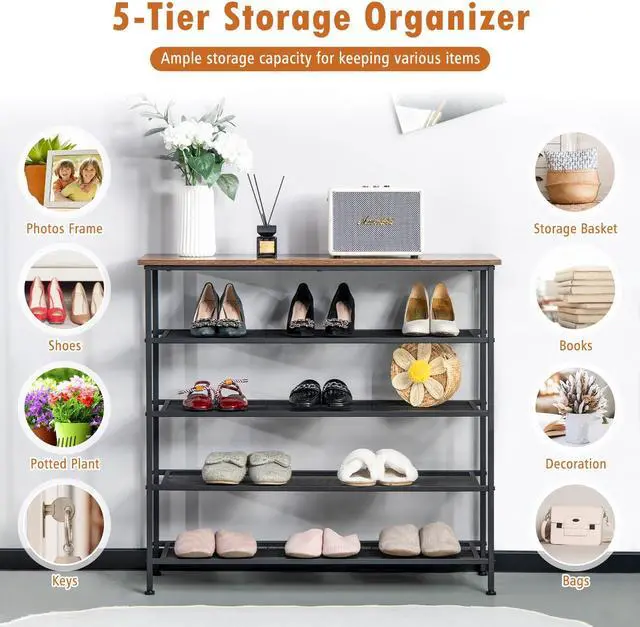 Alt view image 7 of 7 - SlickBlue Industrial Adjustable 5-Tier Metal Shoe Rack with 4 Shelves for 16-20 Pairs