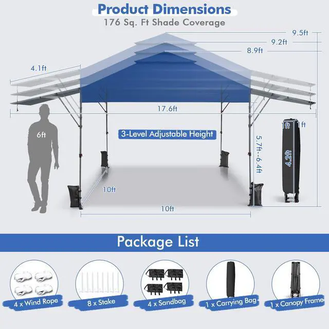 Alt view image 5 of 7 - SlickBlue 10 x 17.6 Feet Outdoor Instant Pop-up Canopy Tent with Dual Half Awnings