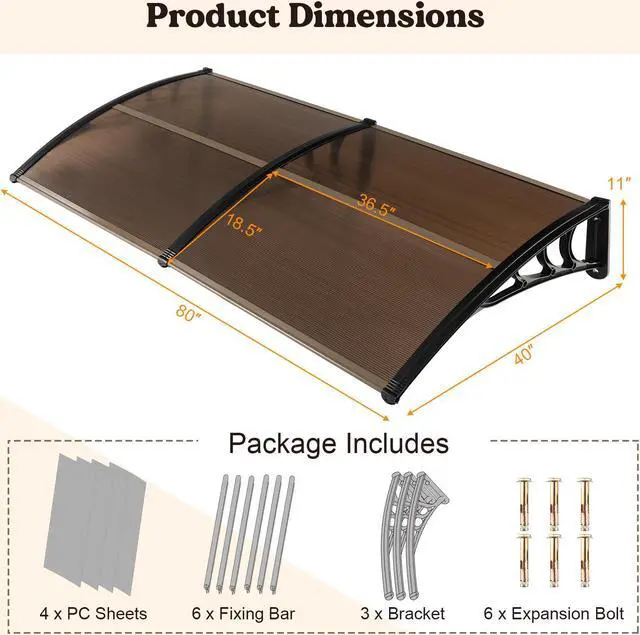 Alt view image 2 of 7 - SlickBlue Outdoor Front Door Patio Overhang Awning for Sunlight Rain Snow Wind Protection-80 x 40 Inch