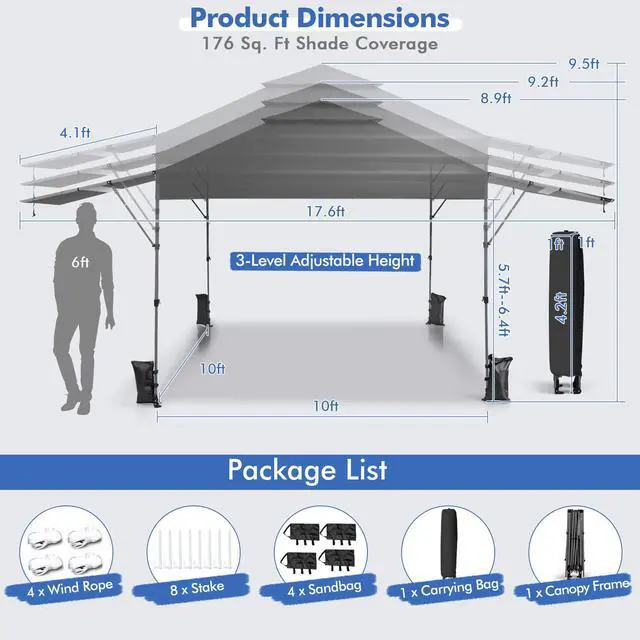Alt view image 5 of 7 - SlickBlue 10 x 17.6 Feet Outdoor Instant Pop-up Canopy Tent with Dual Half Awnings