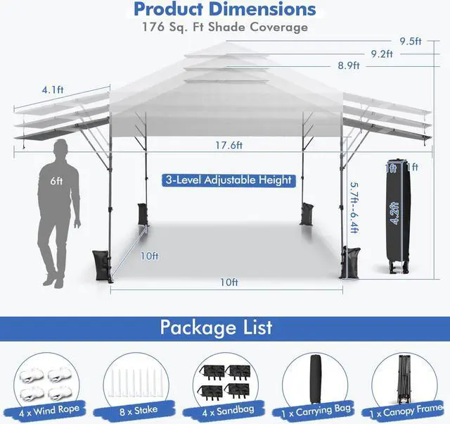 Alt view image 5 of 7 - SlickBlue 10 x 17.6 Feet Outdoor Instant Pop-up Canopy Tent with Dual Half Awnings
