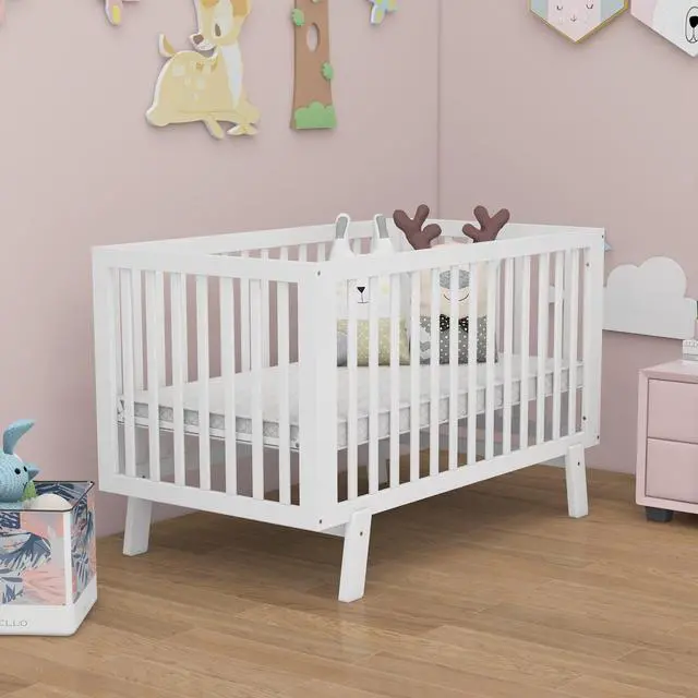 Alt view image 2 of 6 - SlickBlue Rubber Wood Baby Crib with Adjustable Mattress Heights and Guardrails-White