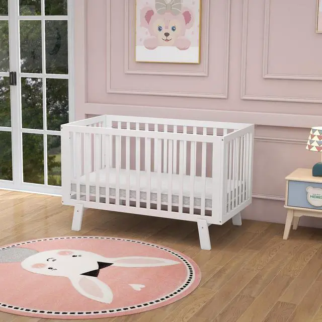 Alt view image 3 of 6 - SlickBlue Rubber Wood Baby Crib with Adjustable Mattress Heights and Guardrails-White
