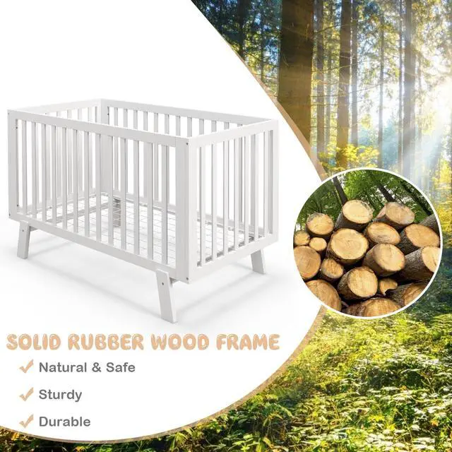 Alt view image 6 of 6 - SlickBlue Rubber Wood Baby Crib with Adjustable Mattress Heights and Guardrails-White