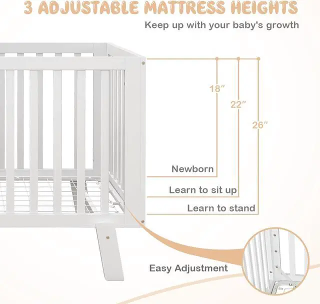 Alt view image 5 of 6 - SlickBlue Rubber Wood Baby Crib with Adjustable Mattress Heights and Guardrails-White