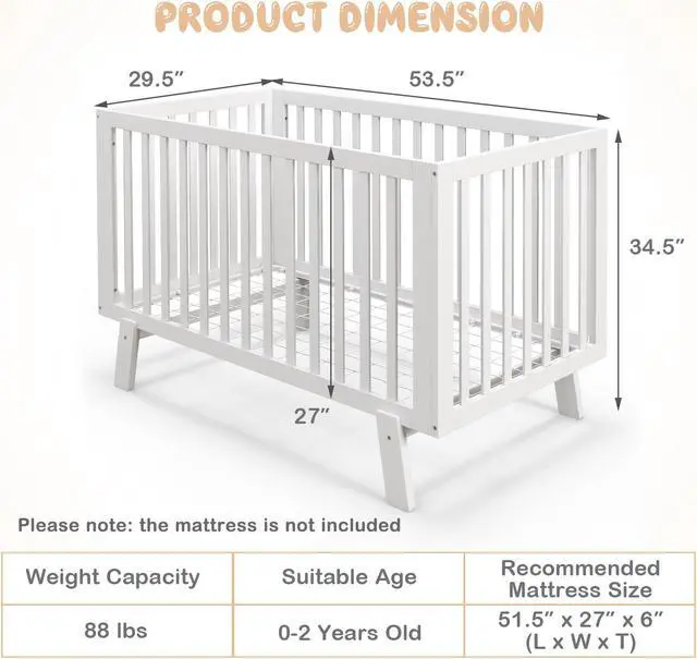 Alt view image 4 of 6 - SlickBlue Rubber Wood Baby Crib with Adjustable Mattress Heights and Guardrails-White