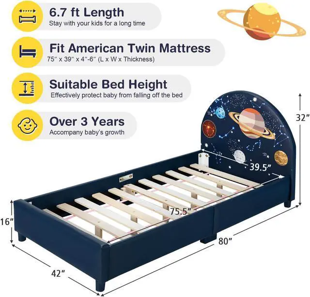 Alt view image 5 of 7 - SlickBlue Children Twin Size Upholstered  Platform Single Bed